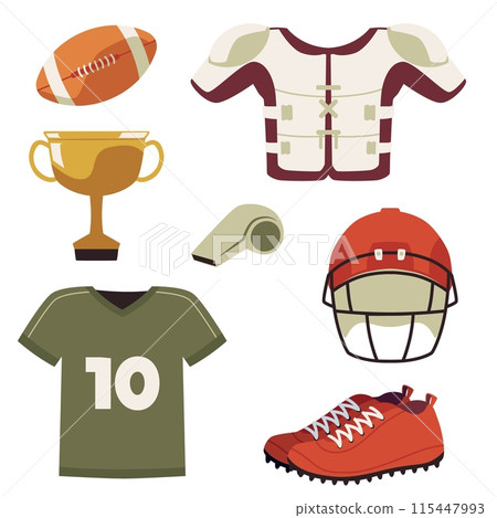 College football equipment and uniform vector cartoon set, sport professional protective helmet, winner's cup ball shoes College football equipment and uniform vector cartoon set, sport professional protective helmet, winner's cup ball shoes 115447993
