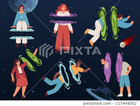 Set of smiling people using teleport or portal flat style, vector illustration 115448002