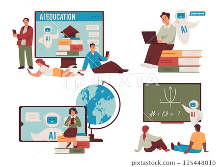 Set of people learning with AI robots flat style, vector illustration Set of people learning with AI robots flat style, vector illustration 115448010