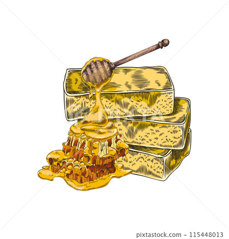 Set of yellow handmade soaps with honeycomb and honey spoon. 115448013