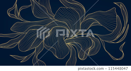 Vector gold leaf pattern, luxury flower background, line nature art deco design. Elegant foliage illustration, garden graphic, linear drawing. 115448047