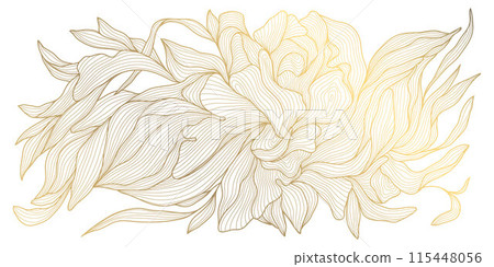 Vector gold leaf pattern, luxury flower background, line nature art deco design. Elegant foliage illustration, garden graphic, linear drawing. 115448056
