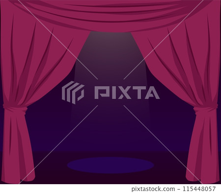 Theater stage with open red curtains. Theater stage with open red curtains. 115448057