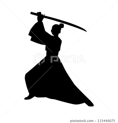 Black silhouette of a samurai with a katana. 115448075