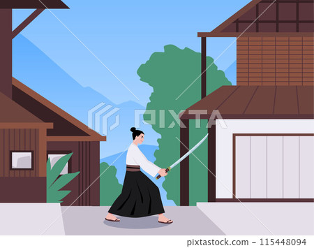 Samurai stands in profile and holds a katana with both hands. 115448094