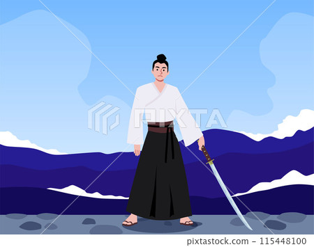 Samurai with a katana stands on a stone beach, on the seashore. 115448100