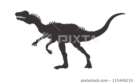 Isolated silhouette of a dinosaur. Black drawing of a dilophosaurus raptor. Wild animal sign of the Jurassic period. Printed image of an ancient reptile. Prehistoric monster icon 115448219