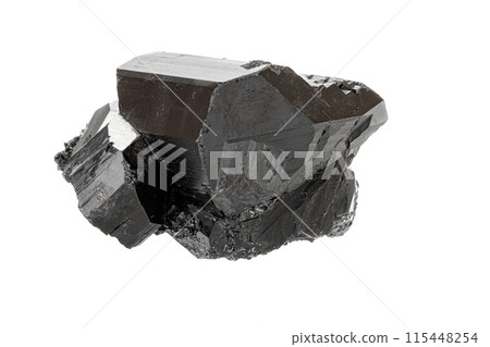 Macro stone black mineral tourmaline Scherl on white background Macro stone black mineral tourmaline Scherl on white background 115448254