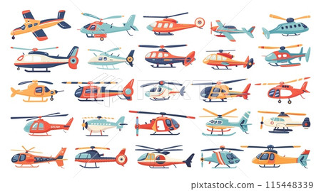 Flat Style Childrens Drawings of Helicopters Icon Set. Colorful Illustrations of Cartoon Helicopters in Simple Vector Art. Kids Aviation Doodles on White Background. Transportation Concept Flat Style Childrens Drawings of Helicopters Icon Set. Colorful Illustrations of Cartoon Helicopters in Simple Vector Art. Kids Aviation Doodles on White Background. Transportation Concept 115448339
