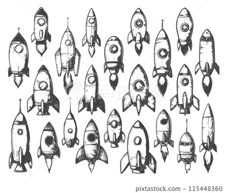 Doodle Style Space Rockets Icons Set. Hand Drawn Simple Black Icons on White Background. Sketch Illustrations of Rocket Ships and Spacecraft Doodle Style Space Rockets Icons Set. Hand Drawn Simple Black Icons on White Background. Sketch Illustrations of Rocket Ships and Spacecraft 115448360