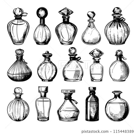 Doodle Style Different Perfume Bottles Icons Set. Hand Drawn Simple Black Icons on White Background. Sketch Illustrations of Various Fragrance Bottles 115448389