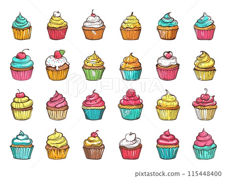 Doodle style cute colorful cupcakes icons set. Low detailed line sketch with crisp contours on a white background. Cupcake illustrations sweet desserts pastry clipart hand drawn Doodle style cute colorful cupcakes icons set. Low detailed line sketch with crisp contours on a white background. Cupcake illustrations sweet desserts pastry clipart hand drawn 115448400