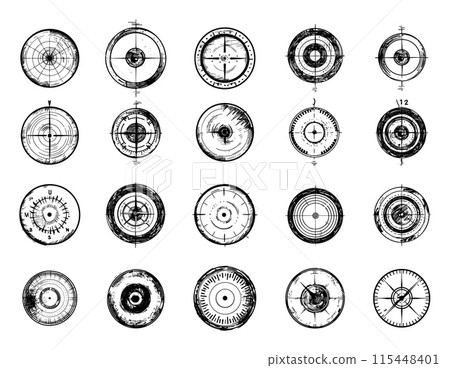 Doodle Style Crosshairs and Black Target for Sniper Shot Icons Set. Hand-Drawn Simple Illustrations of Rifle Sights and Precision Aim Marks on White Background 115448401