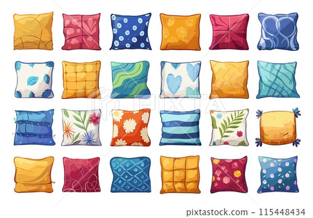 Cartoon Pillows Icons Set. Various Cushions, Decorative Pillow Designs, Cushion Illustrations in Simple Cartoon Style. Isolated on White Background 115448434