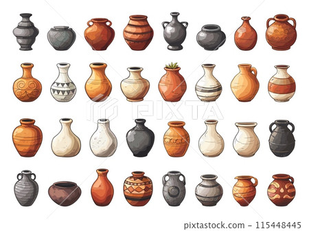 Cartoon Earthenware Pottery Ceramic Vessel Icons. Clay Jug, Bowl, and Pot Illustrations in Simple style, vector icons on white background 115448445