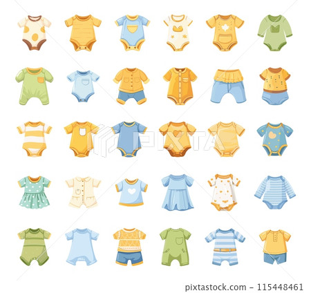 Cartoon Baby Clothes Set. Simple Vector Cartoon Style. White Background. Illustrations of Infant Garments Kids Outfits Toddler Attire Cartoon Baby Clothes Set. Simple Vector Cartoon Style. White Background. Illustrations of Infant Garments Kids Outfits Toddler Attire 115448461
