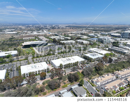 Aerial view of business park with mixed use facility service building Aerial view of business park with mixed use facility service building 115448516