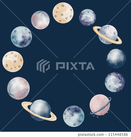 Planet round wreath. Watercolor Space circular Frame on isolated dark background. Cosmos set for Baby shower greeting cards or birthday invitations in pastel colors. Illustration for children. 115448586