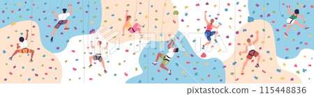 Bouldering gym. People climbers grip rock cliff wall indoor climbing park, climber training exercise extreme sport hobby leadership 115448836