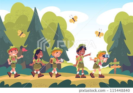 Kid scouts hiking. Child scouting, kids walk hike on forest trail boy watching compass girl scout outdoor camp scene school nature adventure cartoon cute classy vector illustration 115448840