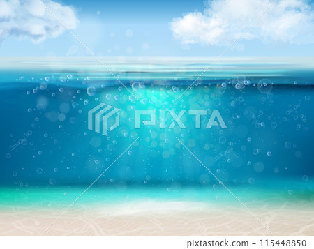 Realistic underwater background. Lake or sea bottom beneath water, ocean waterline sky horizon dark depth under wave marine undersea 115448850