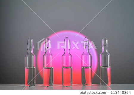 Several ampoules for injection with medicines on a pink background. Several ampoules for injection with medicines on a pink background. 115448854
