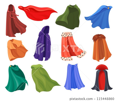 Cartoon magic cloaks. Medieval mantles with hood, carnival costumes clothes comic hero cape king mantle wizard vampire dracula cloak 115448860