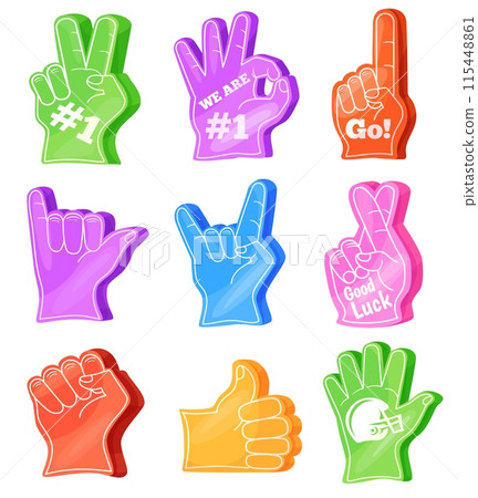 Fan foam fingers. Fans gloved hands first two finger gestures, number one thumbs-up 1 ok go sign team spirit football baseball sport match stadium support, neat vector illustration 115448861