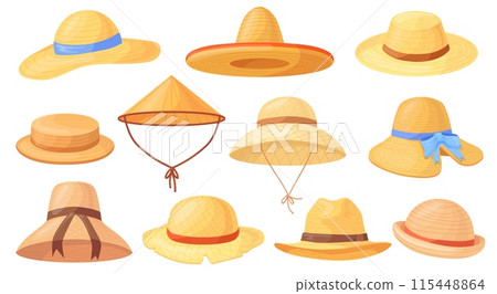 Cartoon straw hats. Asian rice farmer or garden worker hat, summer beach accessories woman retro headgear traditional country agriculture Cartoon straw hats. Asian rice farmer or garden worker hat, summer beach accessories woman retro headgear traditional country agriculture 115448864