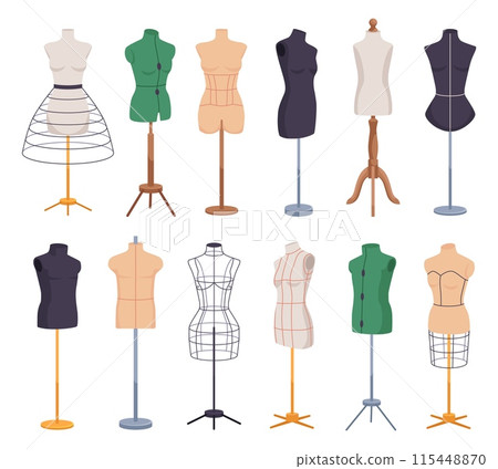 Cartoon tailor mannequins. Mannequin dummy fashion designer or tailors garment sewing studio, women men torso model seamstress atelier hanger clothes, ingenious vector illustration Cartoon tailor mannequins. Mannequin dummy fashion designer or tailors garment sewing studio, women men torso model seamstress atelier hanger clothes, ingenious vector illustration 115448870