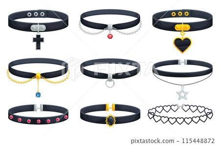 Chokers. Stylish jewelry choker, woman collar leather bracelet for girl neck monile accessories with gold pendant or chain, decor necklace 115448872