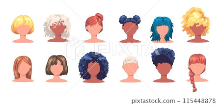 Female haircut wigs. Different hairstyles model set, blond brunette stylish wavy hair braid ponytail, fashion haircuts women little girl hairs collection Female haircut wigs. Different hairstyles model set, blond brunette stylish wavy hair braid ponytail, fashion haircuts women little girl hairs collection 115448878