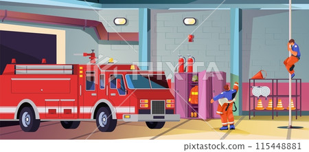 Fire station garage. Firehouse cartoon interior empty hangar for engine firefighter brigade city department building inside fireman red uniform 115448881