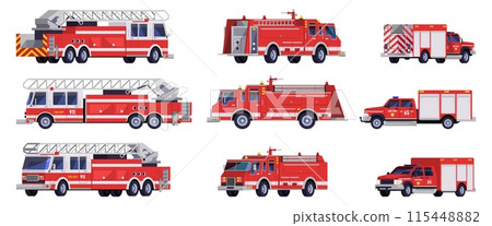 Firetrucks. Firetruck with ladder, fire truck toy fireman engine firefighter brigade cartoon van car emergency department vehicle 911 firefighting auto, recent vector illustration 115448882