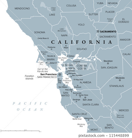 San Francisco Bay Area, region of the U.S. state California, gray political map with counties and largest cities. Area that surrounds and include the San Francisco Bay, which is a large tidal estuary. 115448899