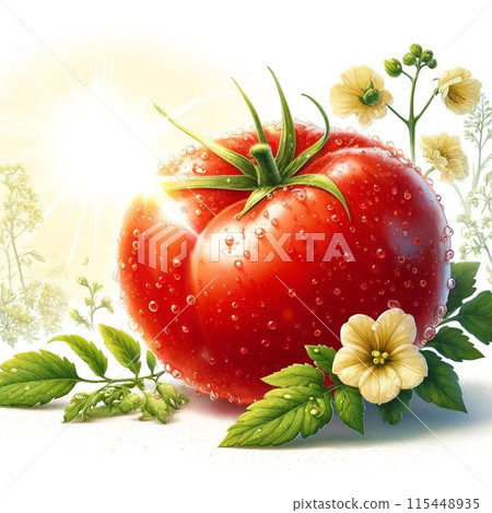 早晨陽光下的西紅柿和花朵的插圖 早晨陽光下的西紅柿和花朵的插圖 115448935