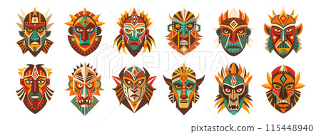 Tribal Ethnic african mask set. Tribal ritual symbols. African masks, totems, amulets. Illustration 115448940