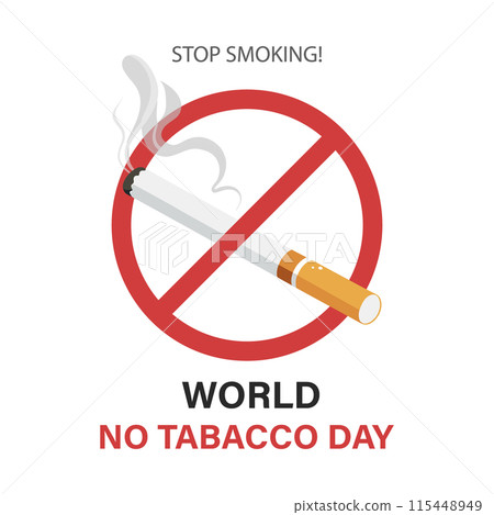 World No Tobacco Day, no smoke banned smoking, design for social media banner, poster. Stop smoking, no smoking forbidden sign. Lighted cigarette with smoke. Illustration 115448949