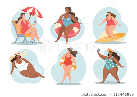 Summer holidays time, people set. Happy women in swimsuits. Beach holiday, sun and relaxation. 115448950