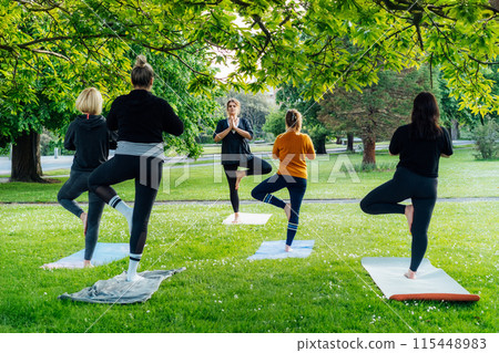 Female yoga class in park. Women are balancing on one leg in Tree pose then lowering hands in Namaste. Exercising together with instructor. Sport activity for health, wellbeing, mental health. Female yoga class in park. Women are balancing on one leg in Tree pose then lowering hands in Namaste. Exercising together with instructor. Sport activity for health, wellbeing, mental health. 115448983