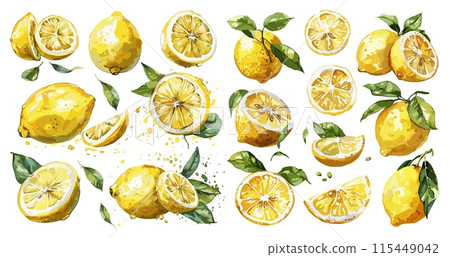 Watercolor lemons. Ripe lemon with green leaves branches, tropical juicy fruit slice citrous vitamin juice freshness color paint hand-drawn art citrus set vector illustration 115449042
