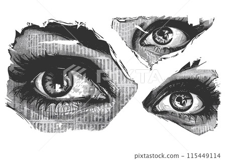 Eyes newspaper clippings. Woman eye retro collage newspapers clipping or vintage magazine wrappin grunge paper texture imitation set vector illustration Eyes newspaper clippings. Woman eye retro collage newspapers clipping or vintage magazine wrappin grunge paper texture imitation set vector illustration 115449114