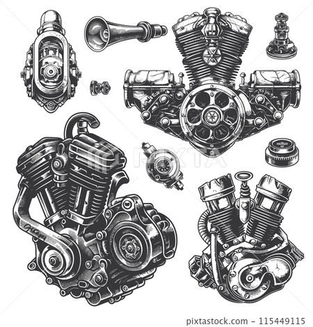Engine tattoo mechanical elements. Machine or motorcycle motor piston steel gear carburetor cylinder for vintage retro auto garage emblem sketch art drawing set vector illustration 115449115