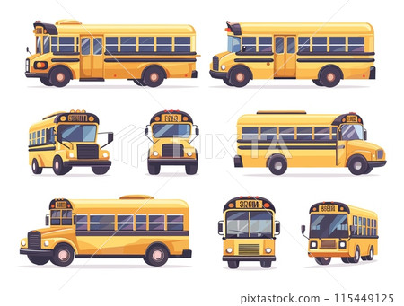 Cartoon school buses. Yellow bus for children students transportation, classic american education vehicle auto truck front side view set vector illustration Cartoon school buses. Yellow bus for children students transportation, classic american education vehicle auto truck front side view set vector illustration 115449125