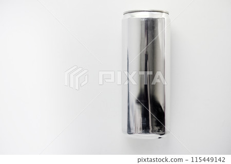 A silver tin can on a white background. A juice can. Aluminum containers. A silver tin can on a white background. A juice can. Aluminum containers. 115449142