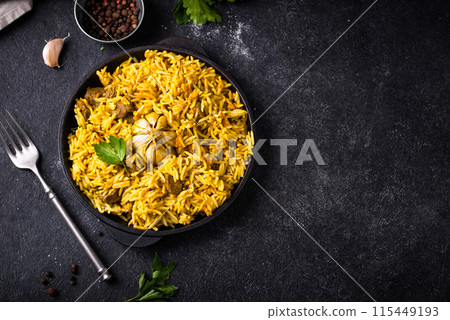 Pilaf, rice with vegetables and lamb meat 115449193