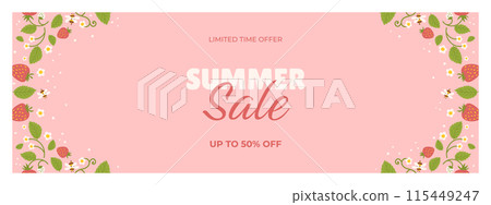 Lively summer sale banner with a pastel pink background, decorated with strawberries, white flowers, green leaves, and buzzing bees. Central text showcases a limited time offer with discounts Lively summer sale banner with a pastel pink background, decorated with strawberries, white flowers, green leaves, and buzzing bees. Central text showcases a limited time offer with discounts 115449247