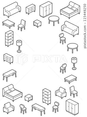 Home furniture isometry background. Domestic and office furniture and equipment. Home furniture isometry background. Domestic and office furniture and equipment. 115449250