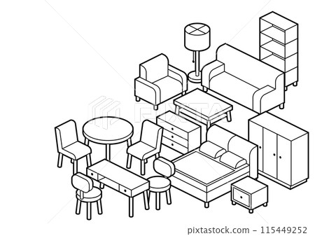 Home furniture isometry background. Domestic and office furniture and equipment. Home furniture isometry background. Domestic and office furniture and equipment. 115449252