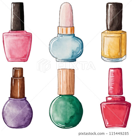 Set of colorful nail polishes, watercolor illustration 115449285